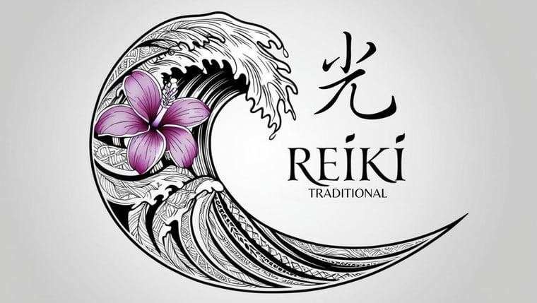 Passing on Light — Traditional Reiki emblem with a wave, hibiscus flower and the Japanese character for light.